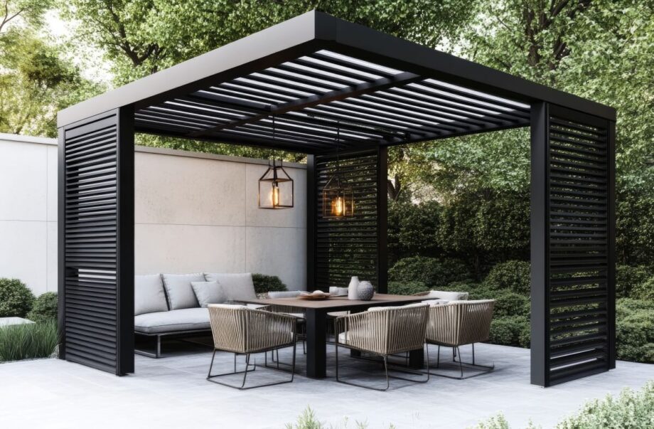 Nowoczesna pergola z panelami drewnianymi do pergoli, otoczona zielenią.