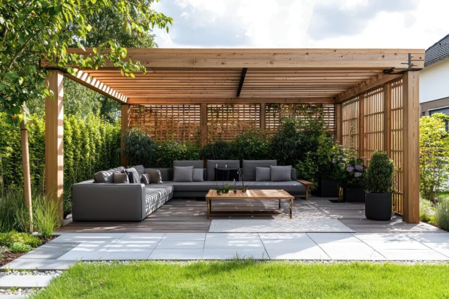 Pergola w ogrodzie z wygodnymi meblami, otoczona panelami drewnianymi do pergoli.