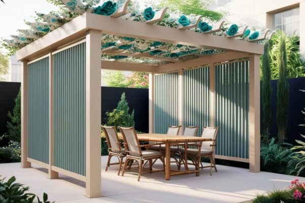 Pergola w ogrodzie z zabudowy z drewnianych desek, z zielonym dachem i meblami ogrodowymi.