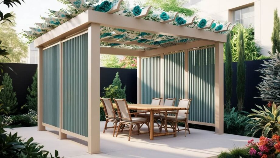 Pergola w ogrodzie z zabudowy z drewnianych desek, z zielonym dachem i meblami ogrodowymi.